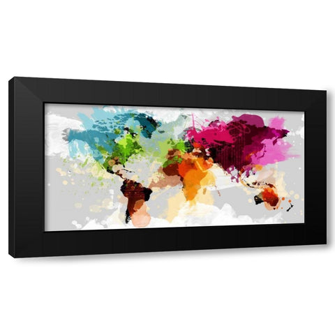Colourful World Map Black Modern Wood Framed Art Print with Double Matting by GraphINC