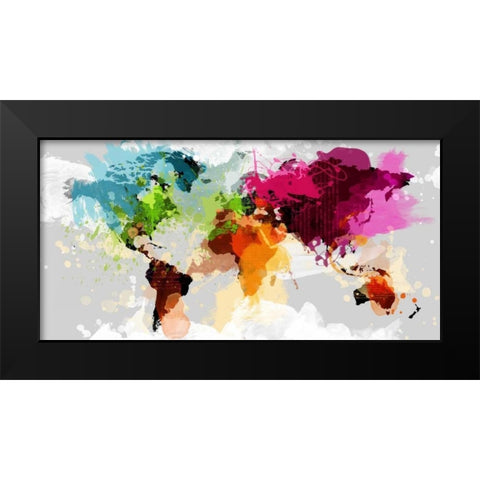 Colourful World Map Black Modern Wood Framed Art Print by GraphINC