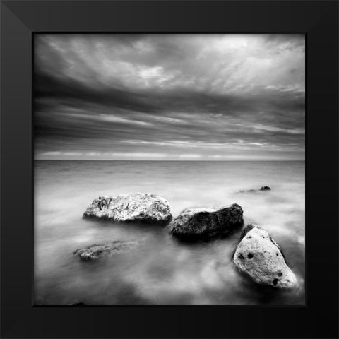 Waves on Rocks Black Modern Wood Framed Art Print by PhotoINC Studio