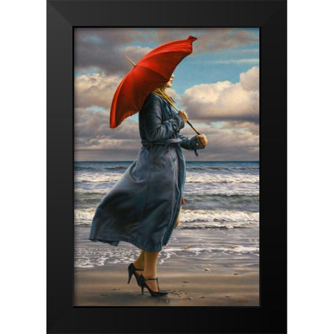 Red Umbrella Black Modern Wood Framed Art Print by Kelley, Paul