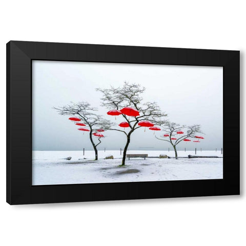 Red Umbrellas Black Modern Wood Framed Art Print with Double Matting by Kostka, Vladimir