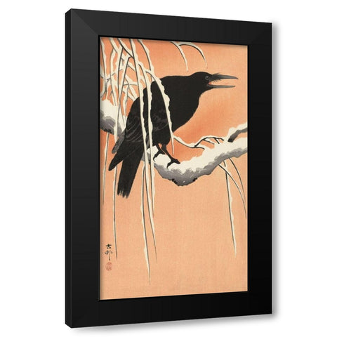 Crow on a Snowy Bough, 1900-1930 Black Modern Wood Framed Art Print by Koson, Ohara