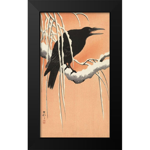 Crow on a Snowy Bough, 1900-1930 Black Modern Wood Framed Art Print by Koson, Ohara