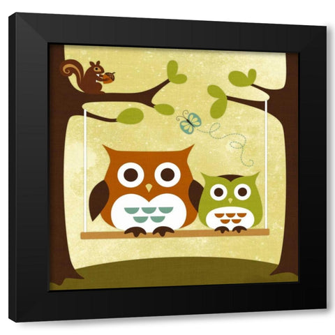 Two Owls on Swing Black Modern Wood Framed Art Print by Lee, Nancy