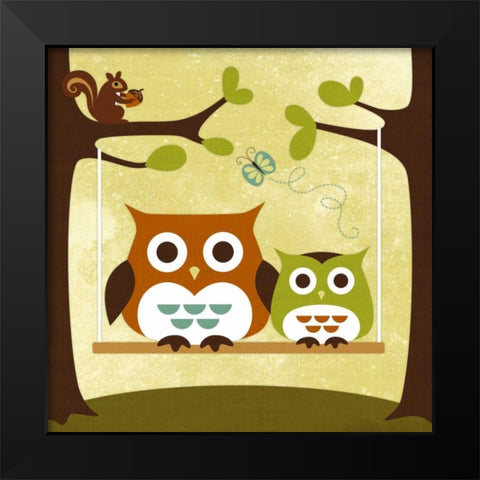 Two Owls on Swing Black Modern Wood Framed Art Print by Lee, Nancy