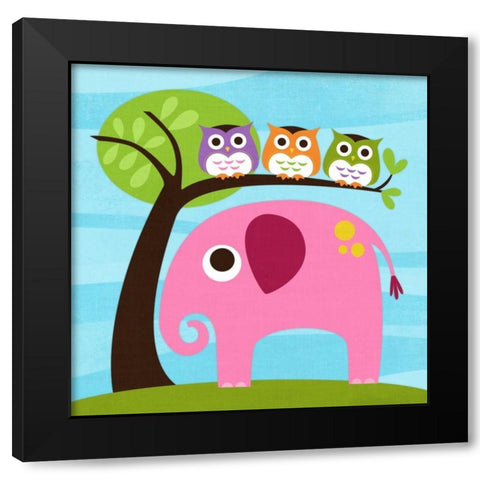 Elephant with Three Owls Black Modern Wood Framed Art Print with Double Matting by Lee, Nancy