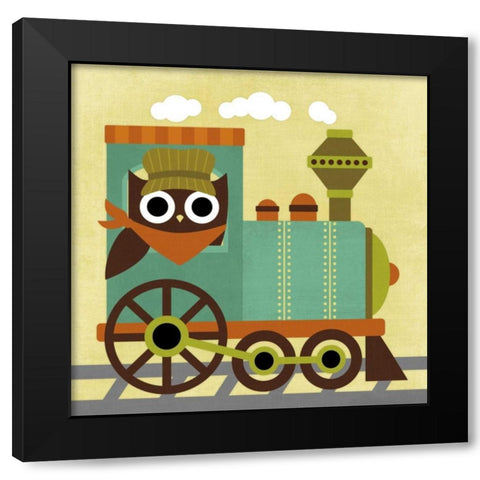 Owl Train Conductor Black Modern Wood Framed Art Print by Lee, Nancy