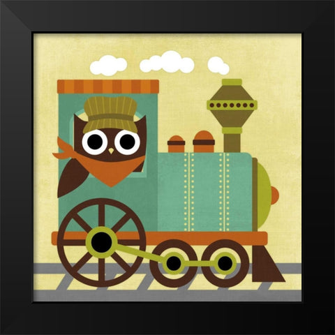 Owl Train Conductor Black Modern Wood Framed Art Print by Lee, Nancy