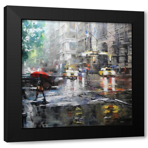 Manhattan Red Umbrella Black Modern Wood Framed Art Print by Lague, Mark
