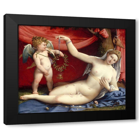 Venus and Cupid Black Modern Wood Framed Art Print with Double Matting by Lotto, Lorenzo