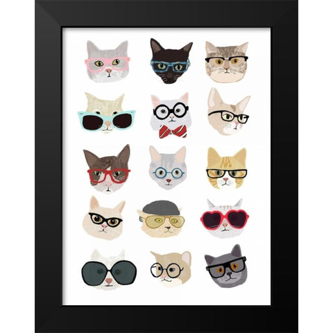 Cats with Glasses Black Modern Wood Framed Art Print by Melin, Hanna