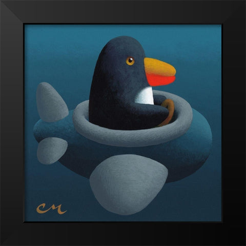 Penguin Black Modern Wood Framed Art Print by Miles, Chris