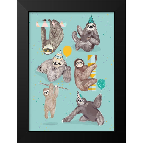 Party With Sloths Black Modern Wood Framed Art Print by Melin, Hanna