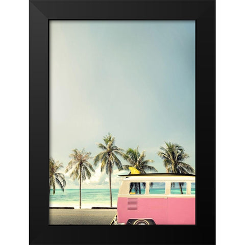 Surf Bus Pink Black Modern Wood Framed Art Print by Design Fabrikken