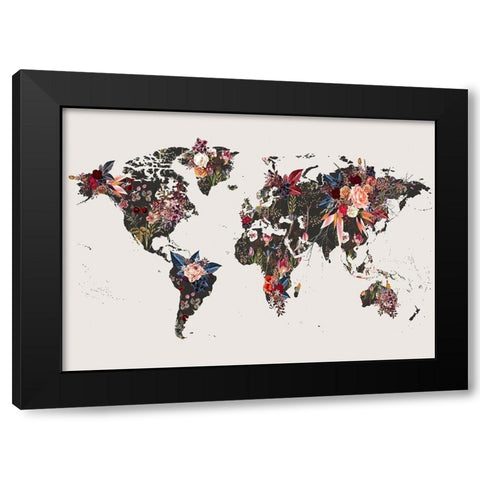 Worldmap Flowers Black Modern Wood Framed Art Print by Design Fabrikken