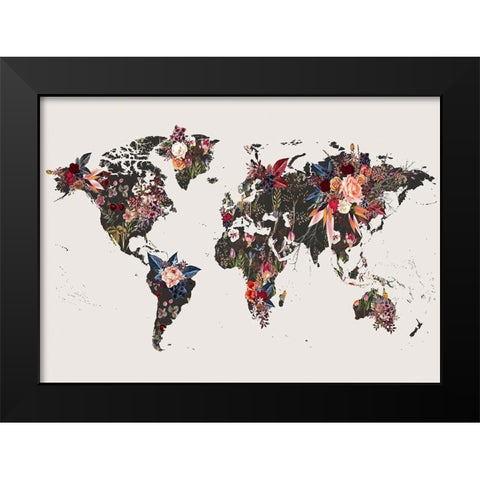Worldmap Flowers Black Modern Wood Framed Art Print by Design Fabrikken
