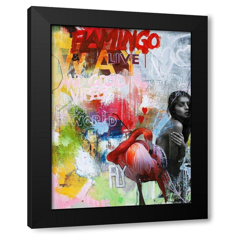 Flamingo Black Modern Wood Framed Art Print by Design Fabrikken