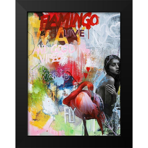 Flamingo Black Modern Wood Framed Art Print by Design Fabrikken