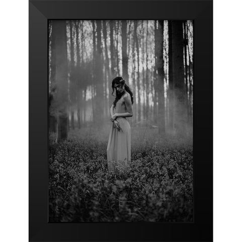 Girl in the Woods Black Modern Wood Framed Art Print by Design Fabrikken
