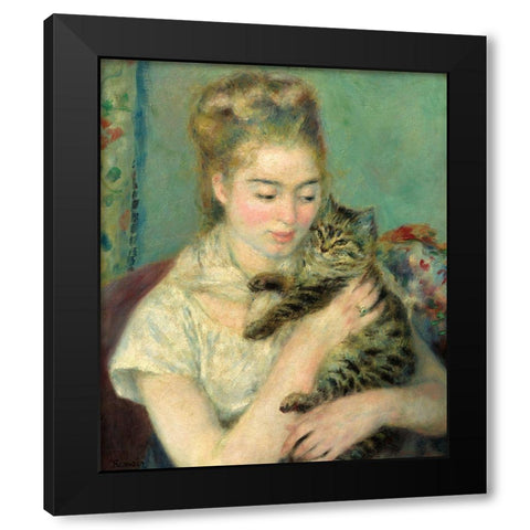 Woman with Cat (Femme au chat)-1875 Black Modern Wood Framed Art Print by Renoir, Pierre-Auguste