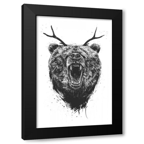 Angry Bear With Antlers Black Modern Wood Framed Art Print by Solti, Balazs