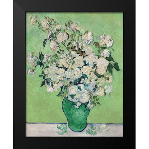 Roses, 1890 (Green Vase) Black Modern Wood Framed Art Print by Van Gogh, Vincent