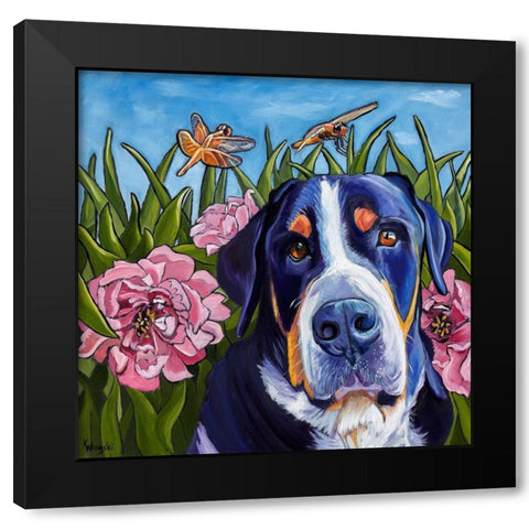 Dog and Dragonflies Black Modern Wood Framed Art Print by Wronski, Kathryn