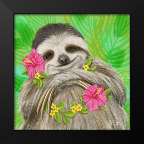Smiling Sloth Black Modern Wood Framed Art Print by Warren, Shari
