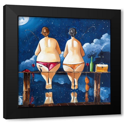 Two Sisters Fishing Black Modern Wood Framed Art Print by West, Ronald