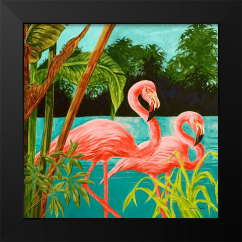 Hot Tropical Flamingo II Black Modern Wood Framed Art Print by Baliko, Linda