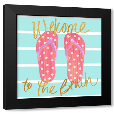 Flip Flops Welcome to the Beach Black Modern Wood Framed Art Print by DeRice, Julie