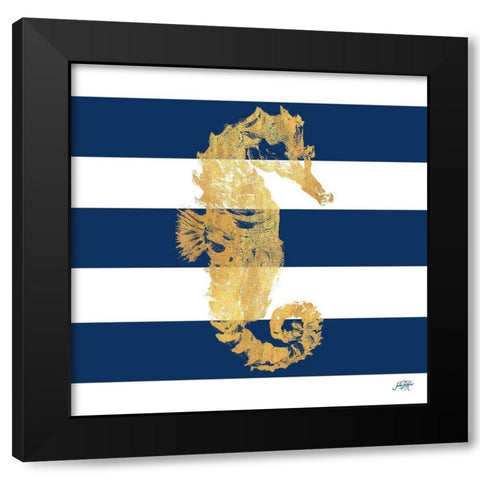 Gold Seahorse on Stripes I Black Modern Wood Framed Art Print by DeRice, Julie