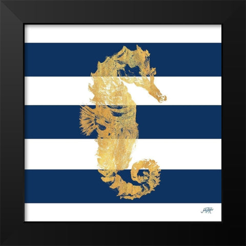 Gold Seahorse on Stripes I Black Modern Wood Framed Art Print by DeRice, Julie