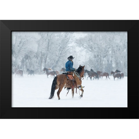 Wrangler In The Snow Black Modern Wood Framed Art Print by Walker, Carol