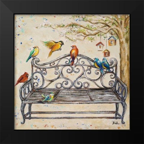 Birds on the Bench Black Modern Wood Framed Art Print by Pinto, Patricia