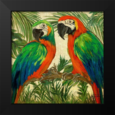 Island Birds Square on Burlap I Black Modern Wood Framed Art Print by DeRice, Julie