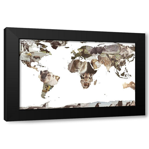 World Animals Map Black Modern Wood Framed Art Print by SD Graphics Studio