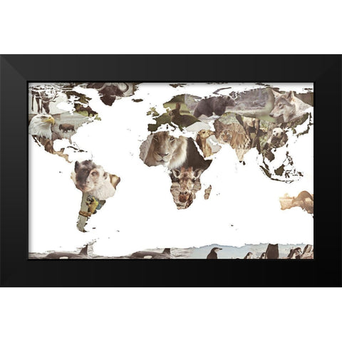 World Animals Map Black Modern Wood Framed Art Print by SD Graphics Studio