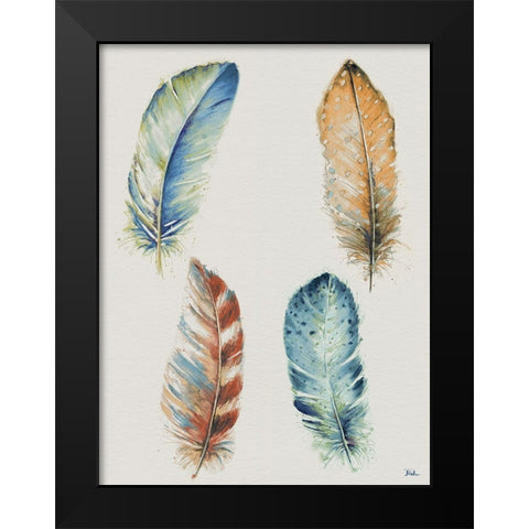 Four Colorful Feathers Black Modern Wood Framed Art Print by Pinto, Patricia