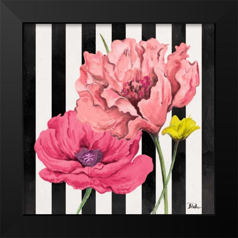 Poppies on Stripes I Black Modern Wood Framed Art Print by Pinto, Patricia