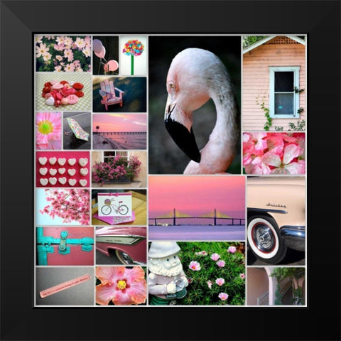 Pink Flamingo Collage Black Modern Wood Framed Art Print by Peck, Gail