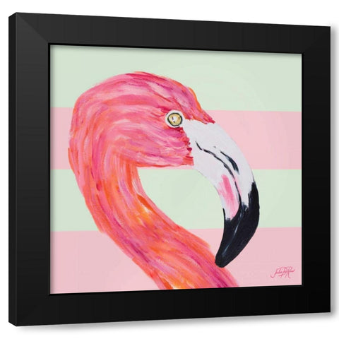 Flamingo on Stripes I Black Modern Wood Framed Art Print by DeRice, Julie