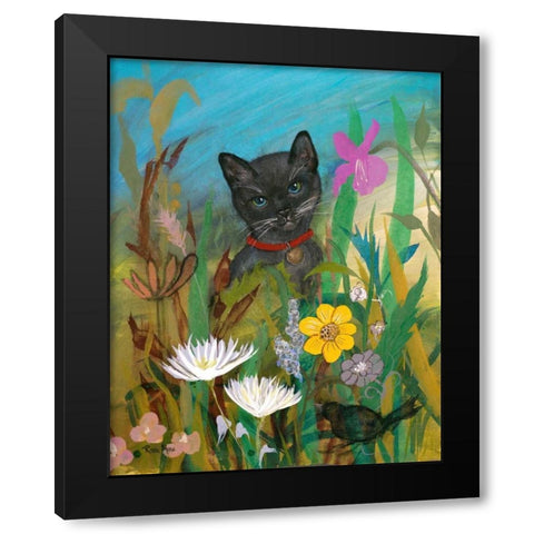 Cat in the Garden Black Modern Wood Framed Art Print by Maria, Robin