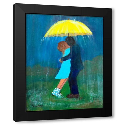 Kissing Under the Yellow Umbrella Black Modern Wood Framed Art Print by Maria, Robin