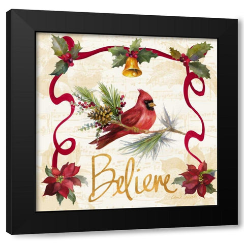 Christmas Poinsettia Ribbon I Black Modern Wood Framed Art Print with Double Matting by Loreth, Lanie