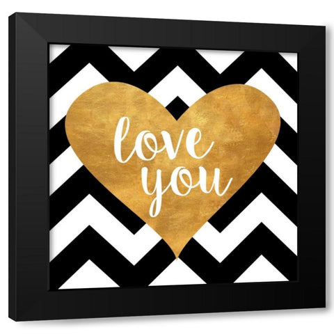 Gold Chevron Hearts Square I Black Modern Wood Framed Art Print by SD Graphics Studio