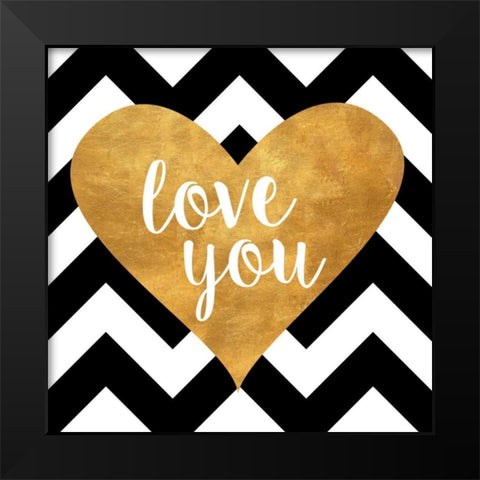 Gold Chevron Hearts Square I Black Modern Wood Framed Art Print by SD Graphics Studio