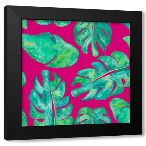 Aqua Leaves On Pink Black Modern Wood Framed Art Print by Papa, Kat