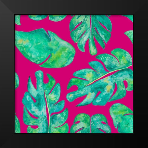 Aqua Leaves On Pink Black Modern Wood Framed Art Print by Papa, Kat