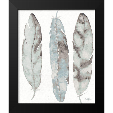 Three Blue Feathers Black Modern Wood Framed Art Print by James, Nola